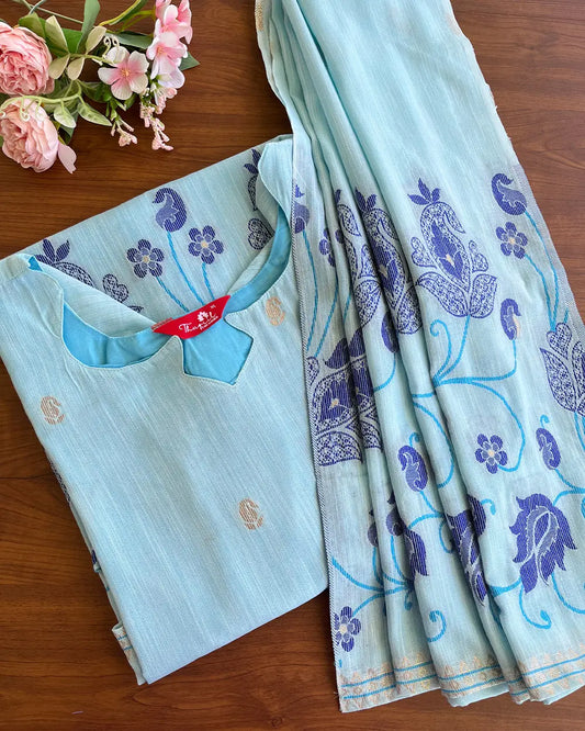 Sky Blue Jamdani Kurta Set (Top-Dupatta)