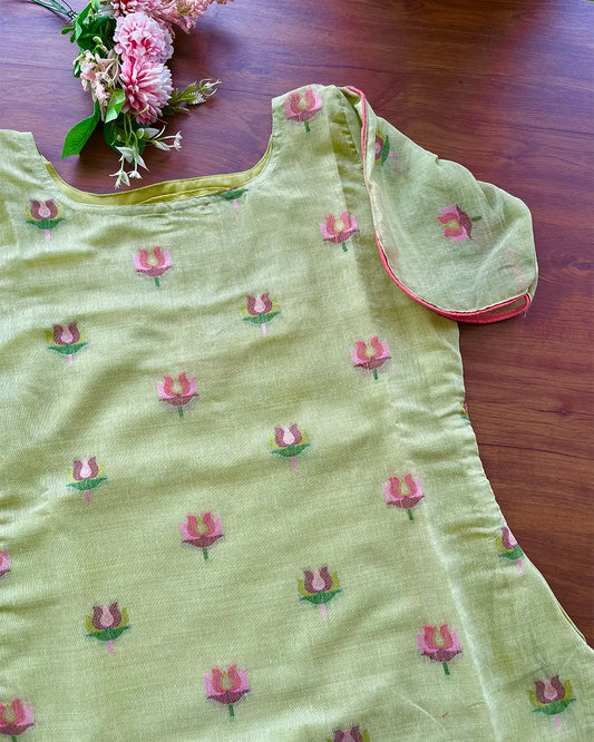 Pista Green Lotus Kurta Set (Top-Dupatta)