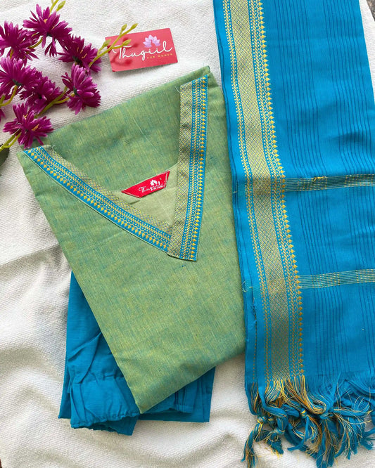 Green - Blue Mangalgiri Cotton Kurta Set