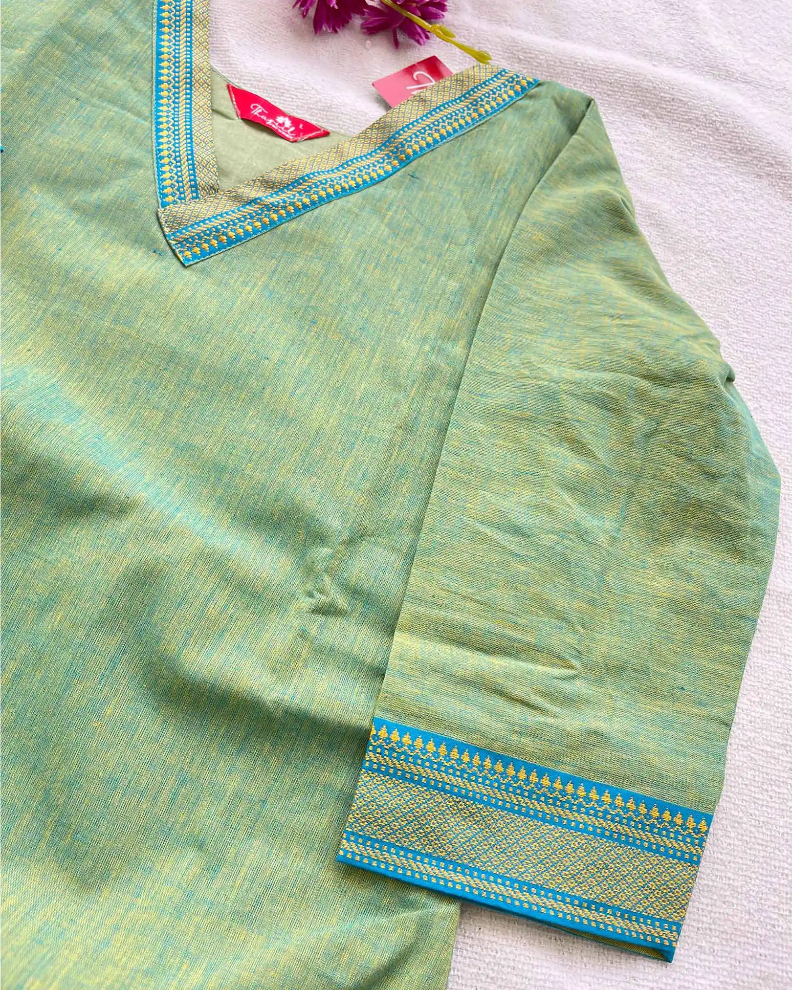 Green - Blue Mangalgiri Cotton Kurta Set
