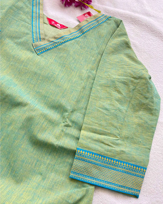 Green - Blue Mangalgiri Cotton Kurta Set