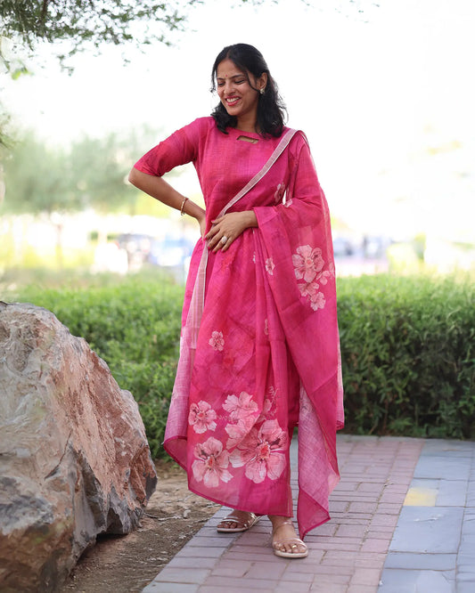 Pink linen kurta set 3 pc