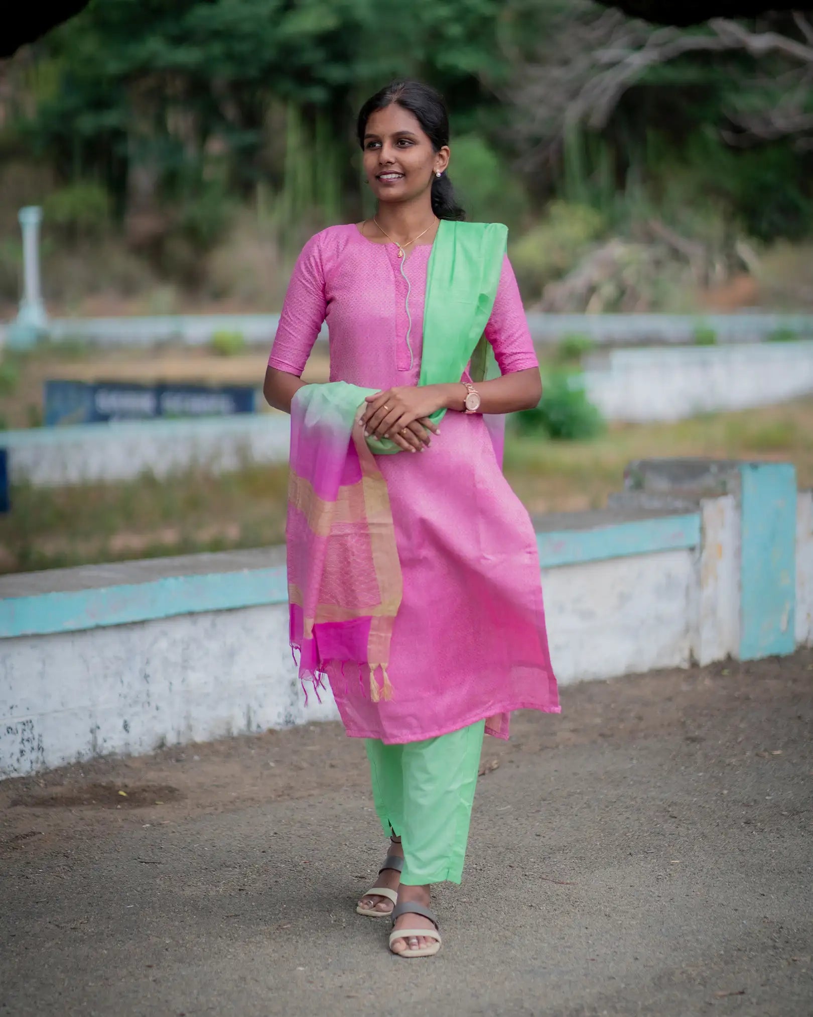 Pink Pista Charm Katan Silk Kurta Set