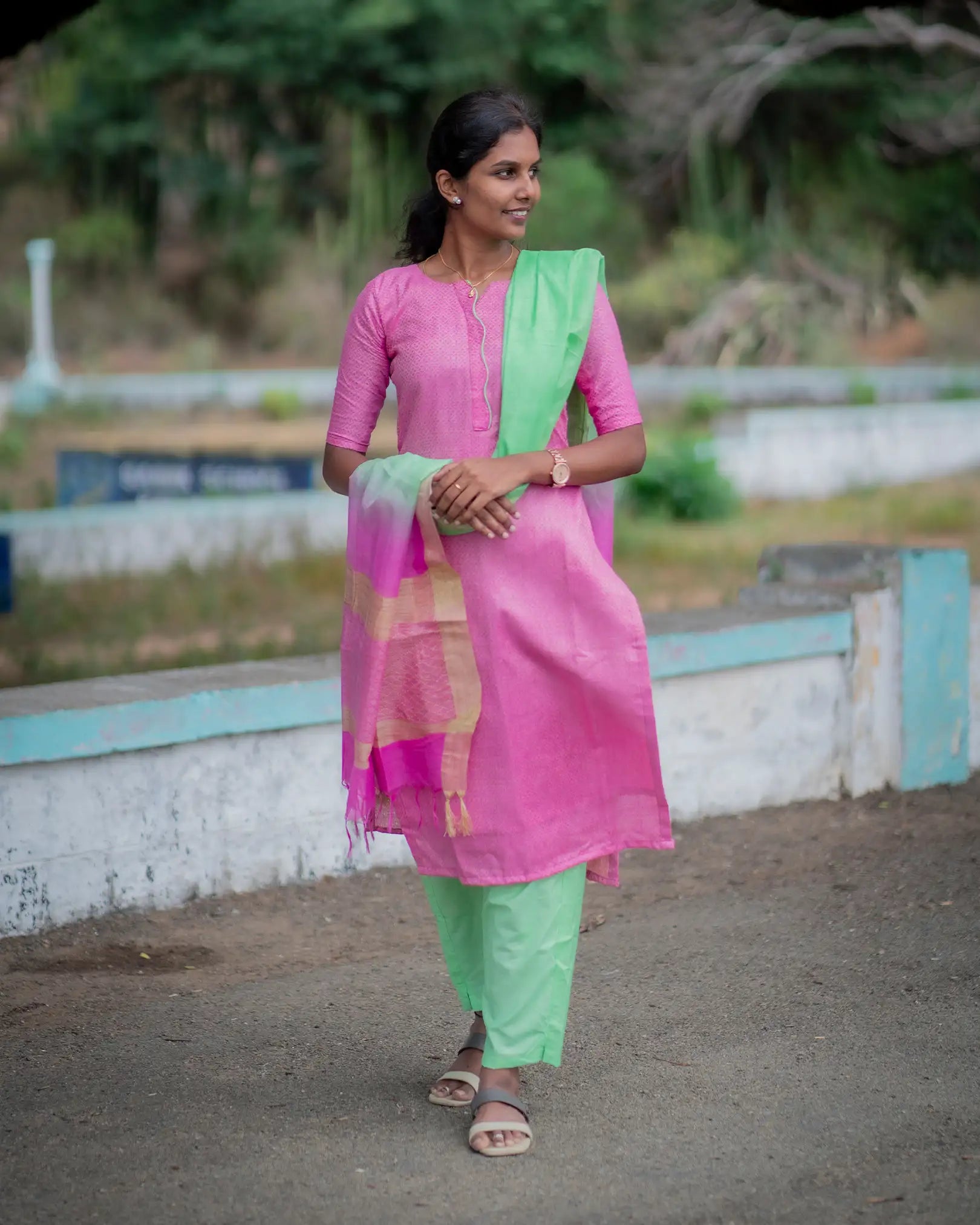 Pink Pista Charm Katan Silk Kurta Set